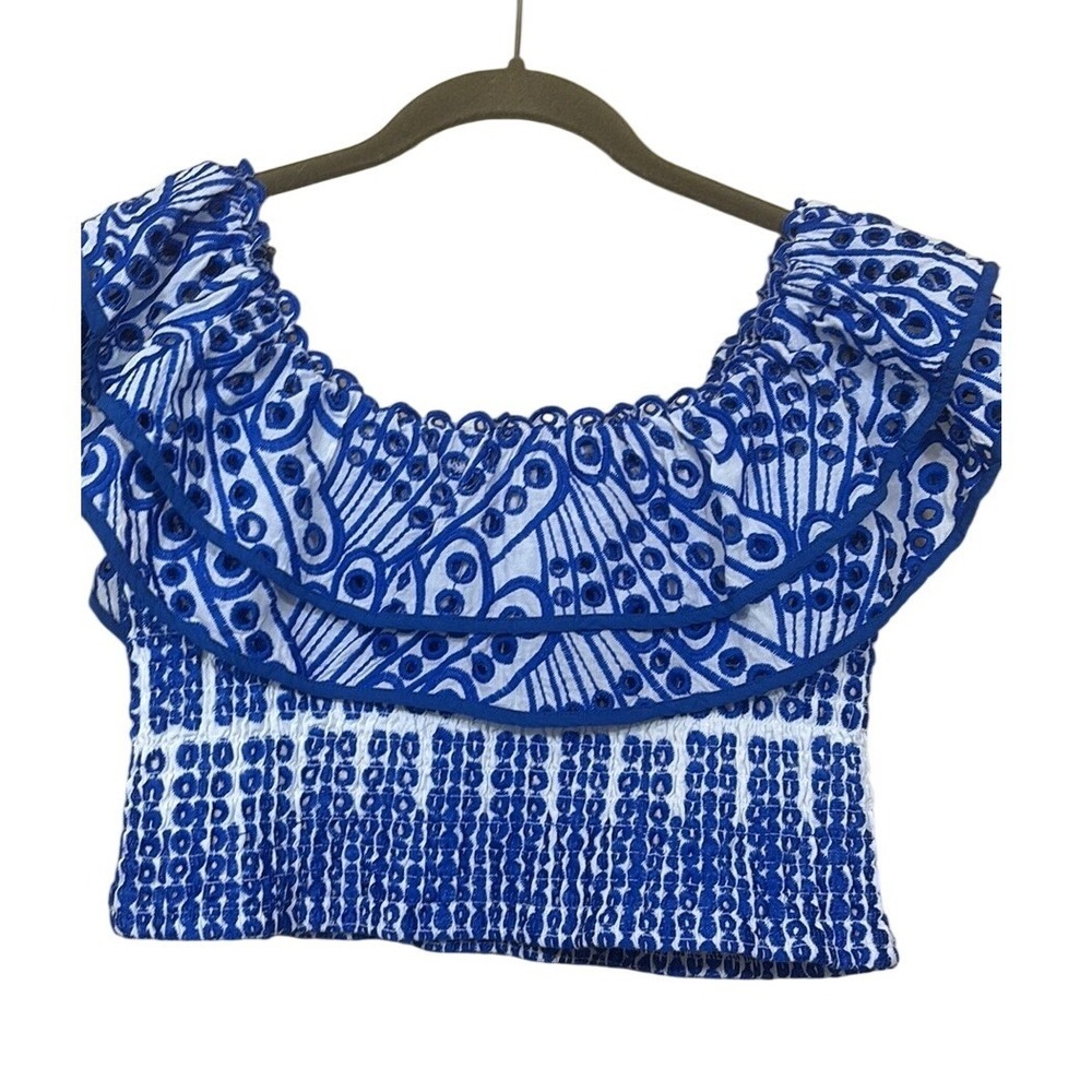 Akira Blue Summer Off Shoulder Smocked Crop Top 1X, boho, resort, cottagecore - Picture 2 of 4